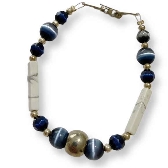 Handmade White Marble Blue Cats Eye and Silver Beaded Boho Artisan Bracelet - Picture 3 of 4